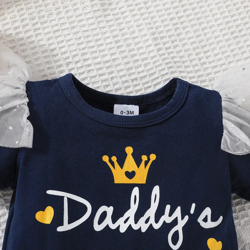 2pcs Baby Girl 95% Cotton Crown & Letter Print Short-sleeve Romper and Glittery Stars Mesh Skirt Set big image 5