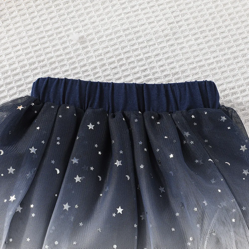 2pcs Baby Girl 95% Cotton Crown & Letter Print Short-sleeve Romper and Glittery Stars Mesh Skirt Set big image 8