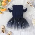 2pcs Baby Girl 95% Cotton Crown & Letter Print Short-sleeve Romper and Glittery Stars Mesh Skirt Set  image 3