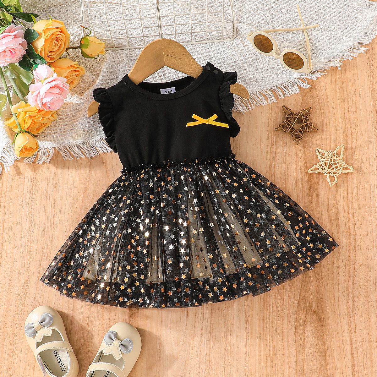 

Baby Girl Sleeveless Ruffle Trim Spliced Glitter Star Mesh Fairy Dress