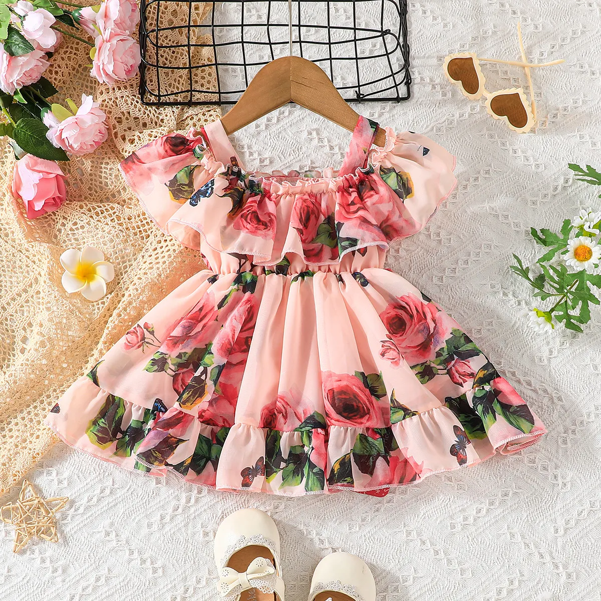 Toddler Girl Sweet Floral Print Off Shoulder Chiffon Slip Dress Pink big image 1