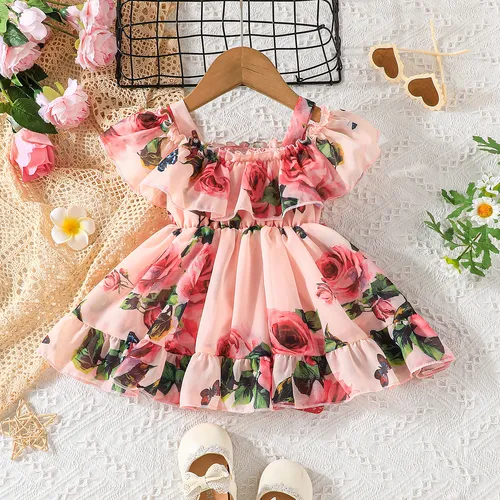 Toddler Girl Sweet Floral Print Off Shoulder Chiffon Slip Dress