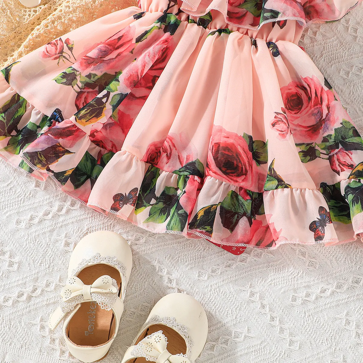 Toddler Girl Sweet Floral Print Off Shoulder Chiffon Slip Dress Pink big image 1