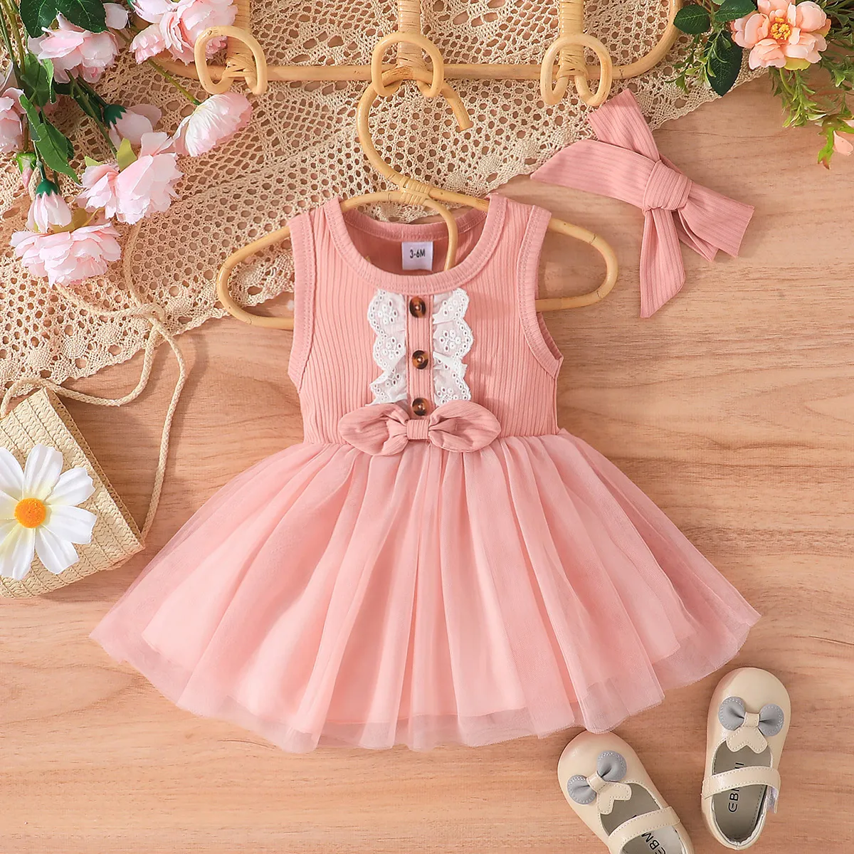 Baby Girl Bow Front Lace Trim Ribbed Combo Overlay Tank Dress  image 1