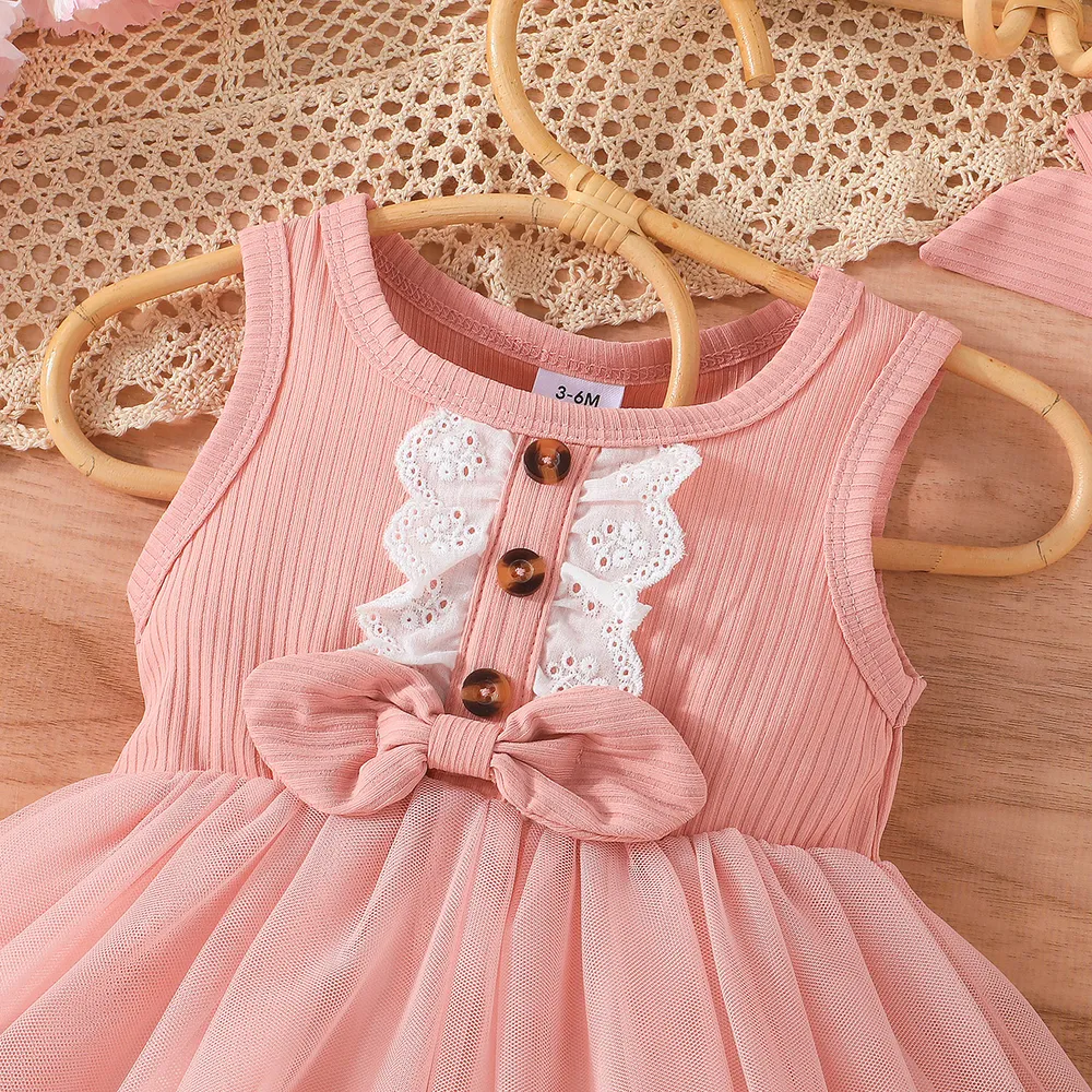 Baby Girl Bow Front Lace Trim Ribbed Combo Overlay Tank Dress big image 3