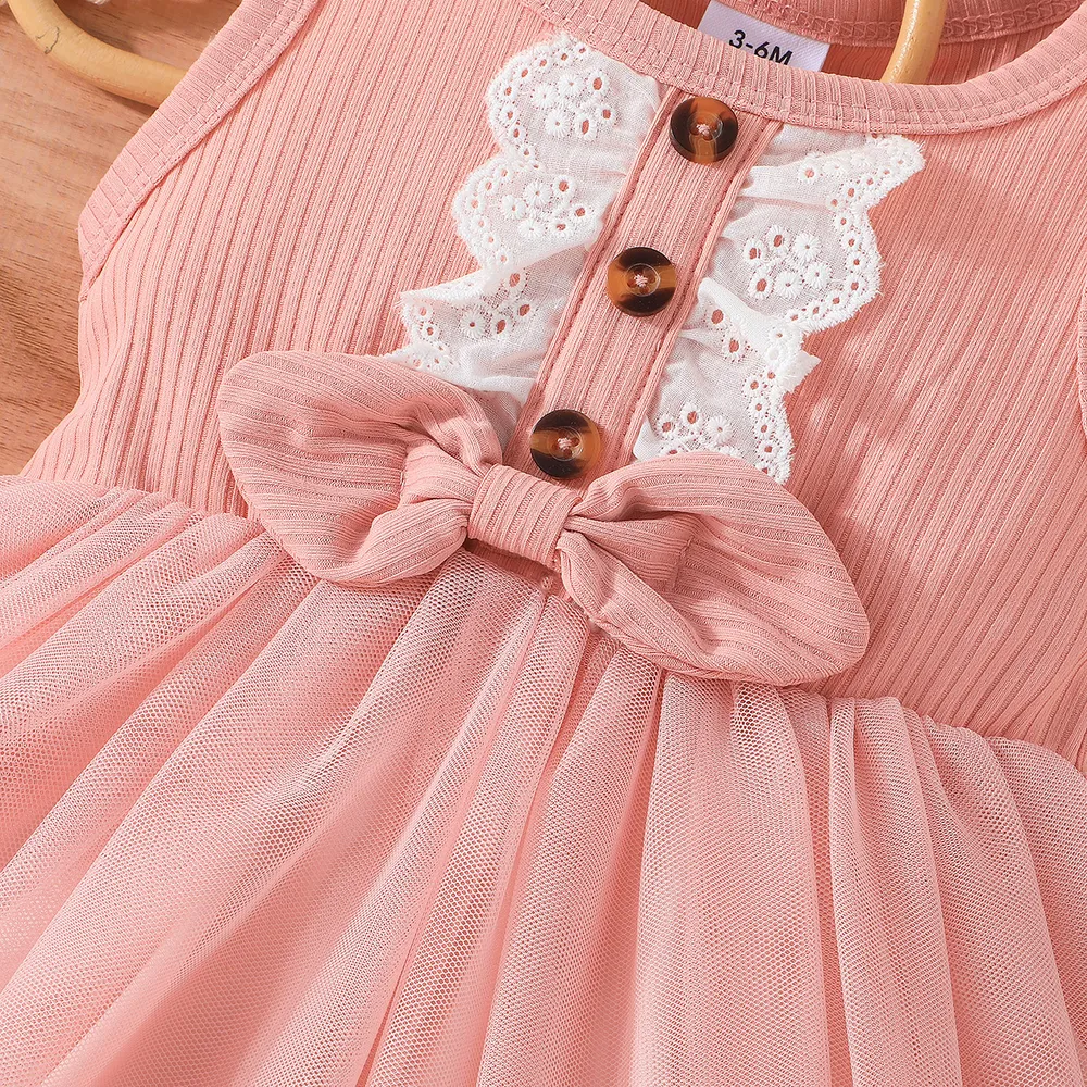 Baby Girl Bow Front Lace Trim Ribbed Combo Overlay Tank Dress big image 4