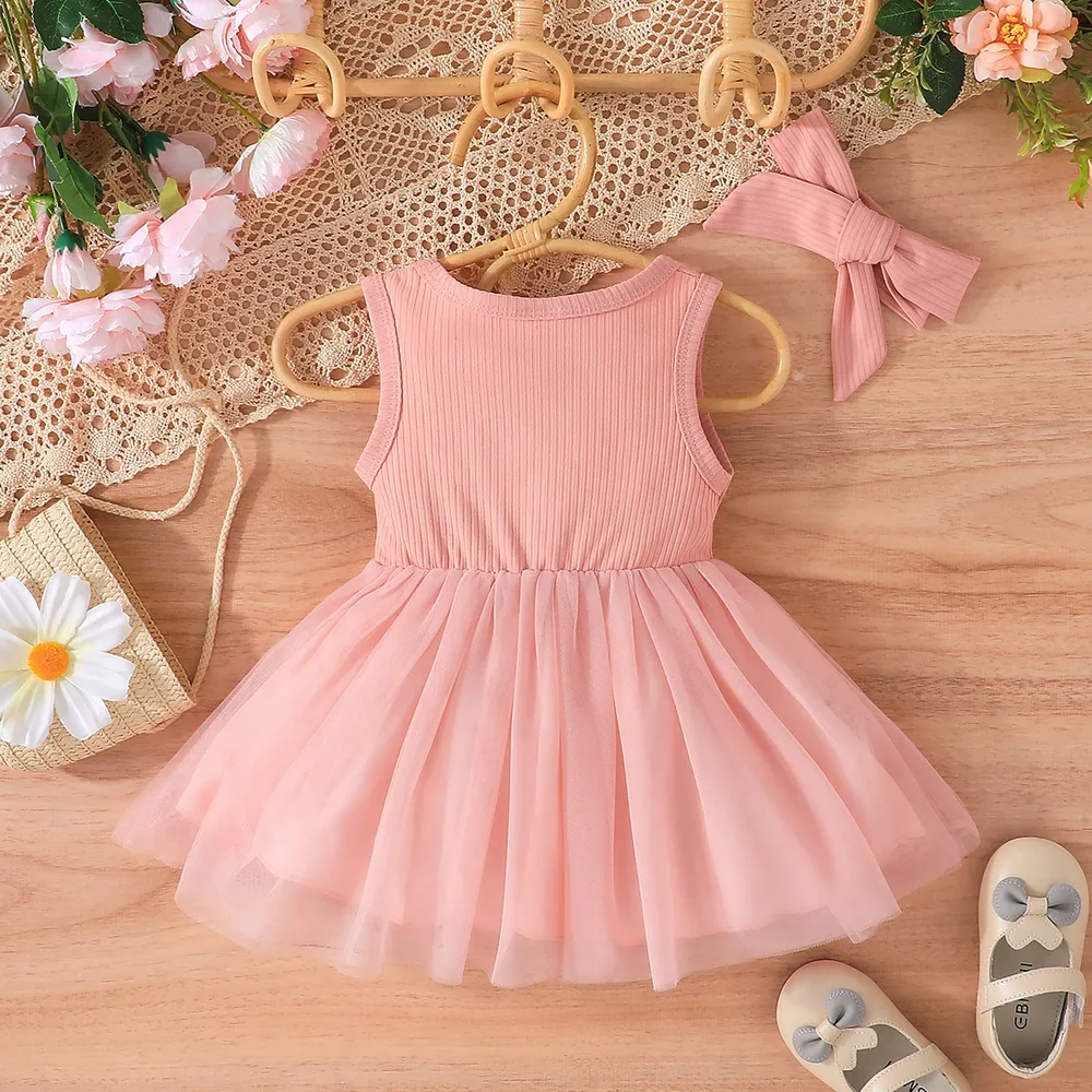 Baby Girl Bow Front Lace Trim Ribbed Combo Overlay Tank Dress big image 2