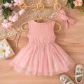 Baby Girl Bow Front Lace Trim Ribbed Combo Overlay Tank Dress  image 2