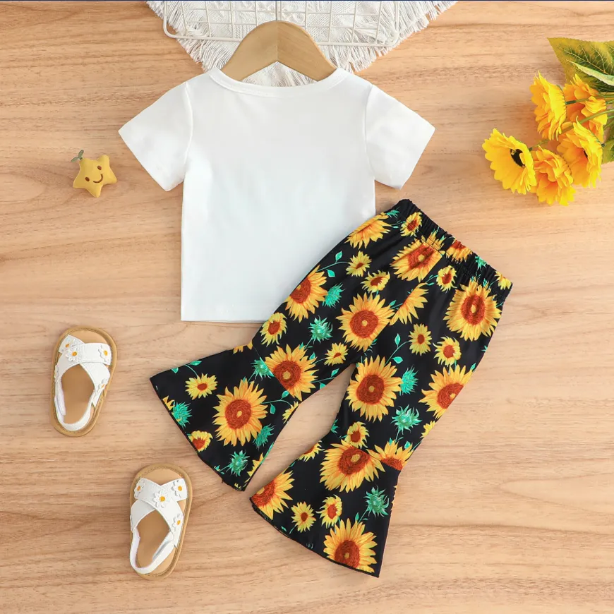2pcs Baby Girl Sunflower Print Short-sleeve Tee and Flared Pants Set OffWhite image 2