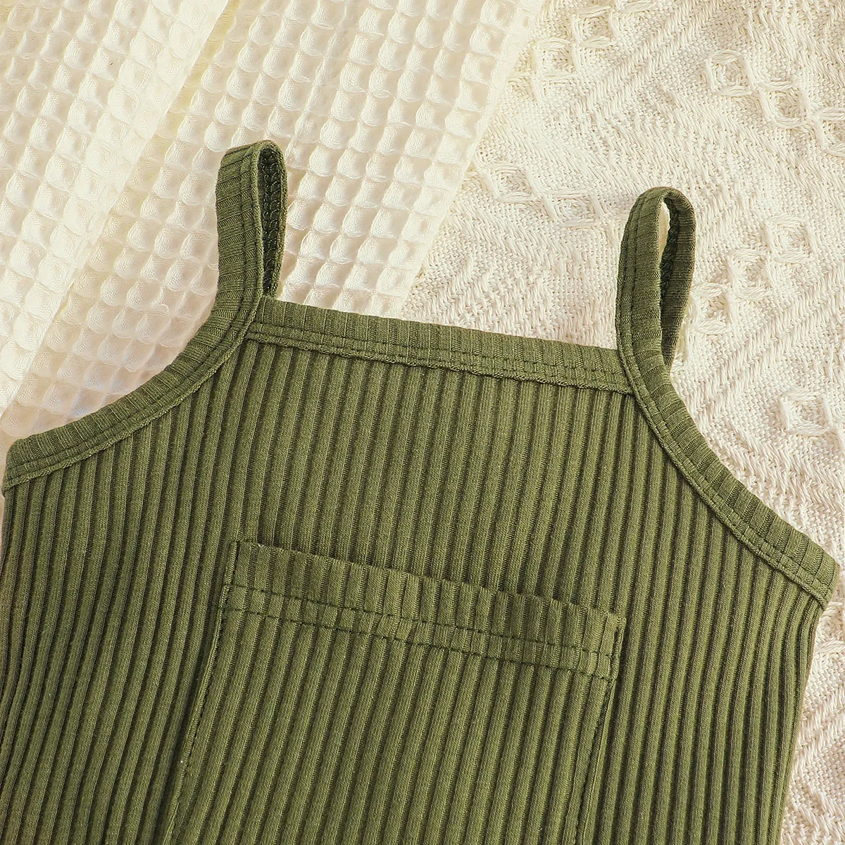 Baby Boy/Girl Pocket Ribbed Solid Slip Romper Army green image 4