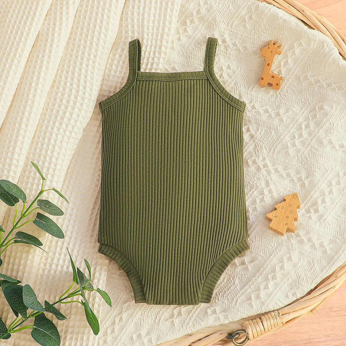 Baby Boy/Girl Pocket Ribbed Solid Slip Romper Army green image 3