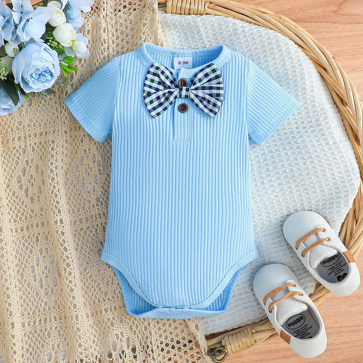 Baby Boy Bow Tie Decor Short-sleeve Ribbed Bodysuit Blue