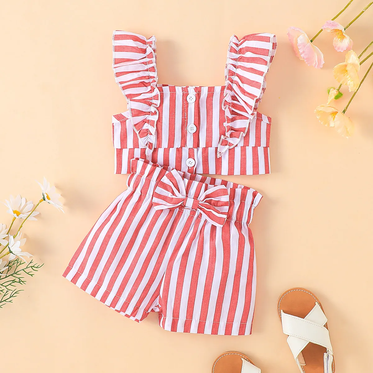 2pcs Baby Girl Front Buttons Ruffle Stripe Top and Bow Decor Shorts Set  big image 1