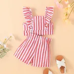 2pcs Baby Girl Front Buttons Ruffle Stripe Top and Bow Decor Shorts Set Red image 2
