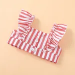 2pcs Baby Girl Front Buttons Ruffle Stripe Top and Bow Decor Shorts Set Red image 3