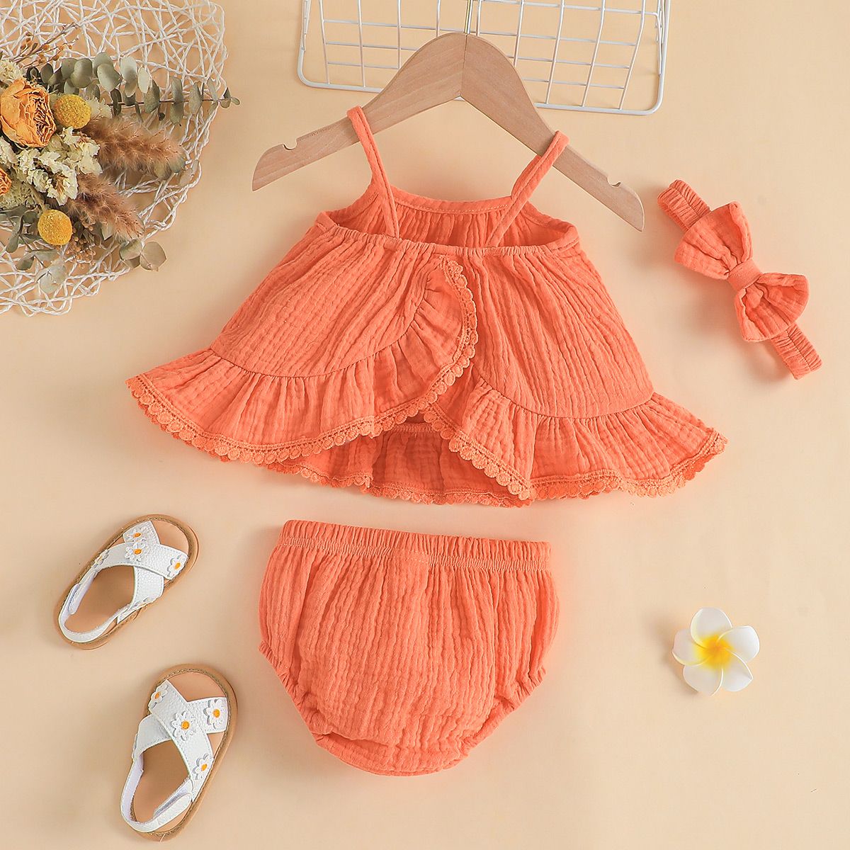 

3pcs Baby Girl 100% Cotton Ruffle Solid Irregular Hemline Ribbed Slip Top and Shorts & Headband Set