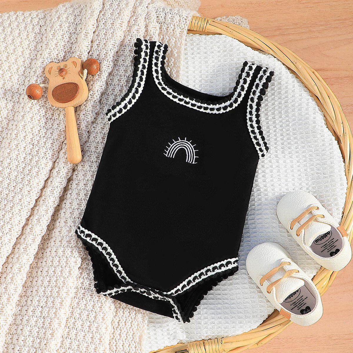 

Baby Girl Rainbow Embroidered Topstitching Detail Tank Bodysuit