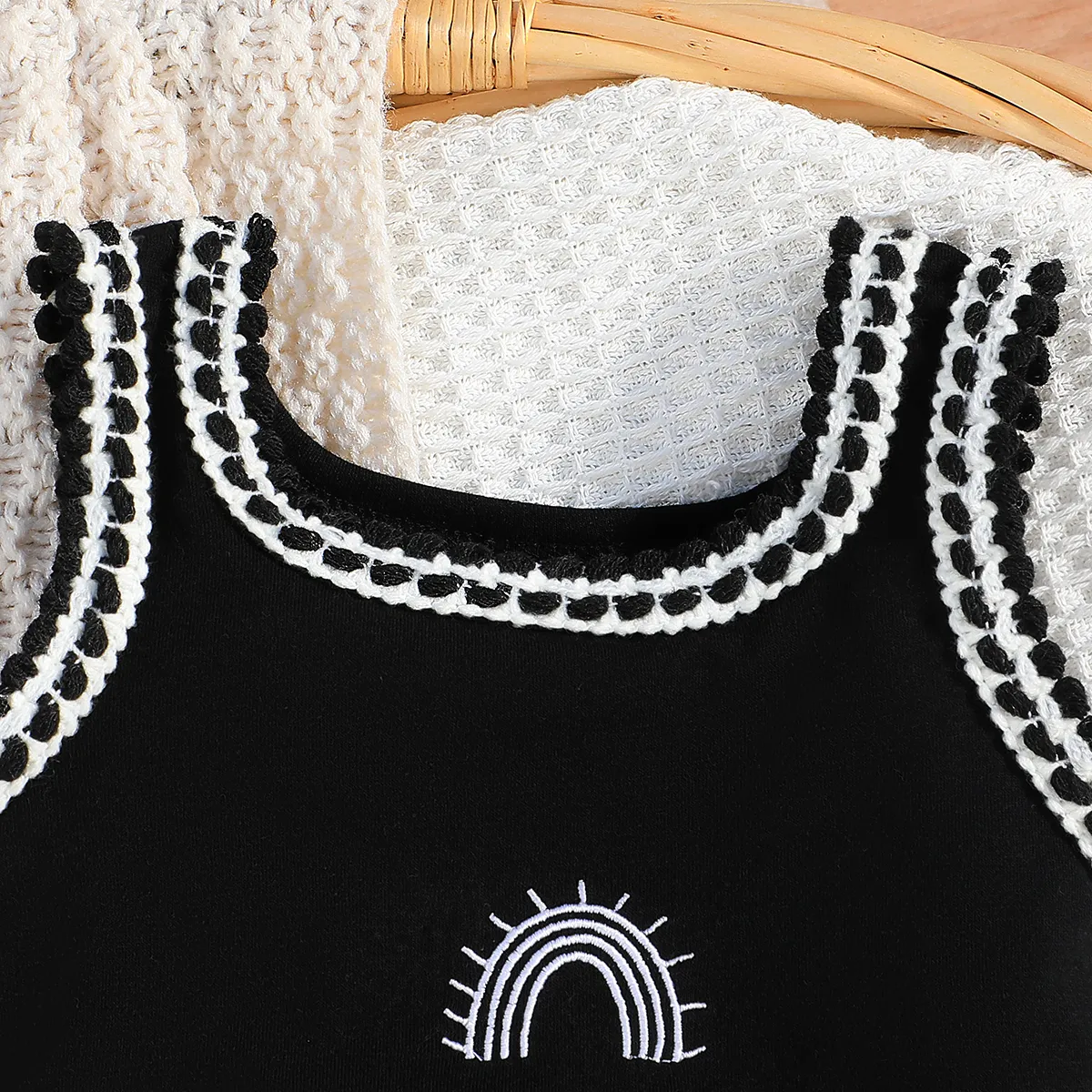 Baby Girl Rainbow Embroidered Topstitching Detail Tank Bodysuit  Black image 3