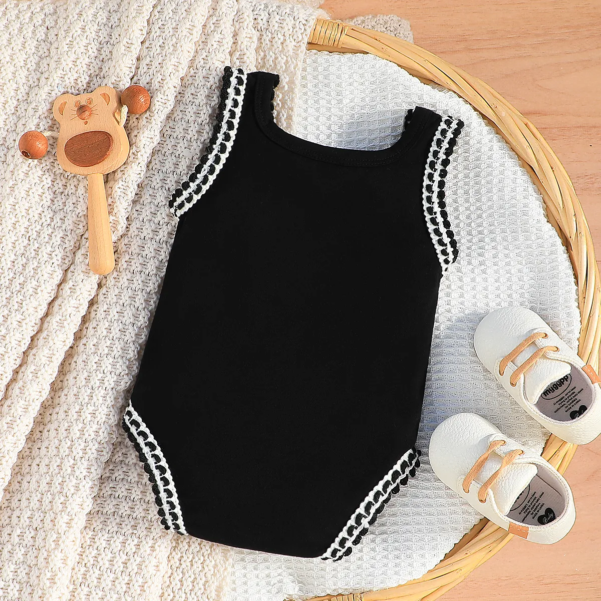 Baby Girl Rainbow Embroidered Topstitching Detail Tank Bodysuit  Black image 2