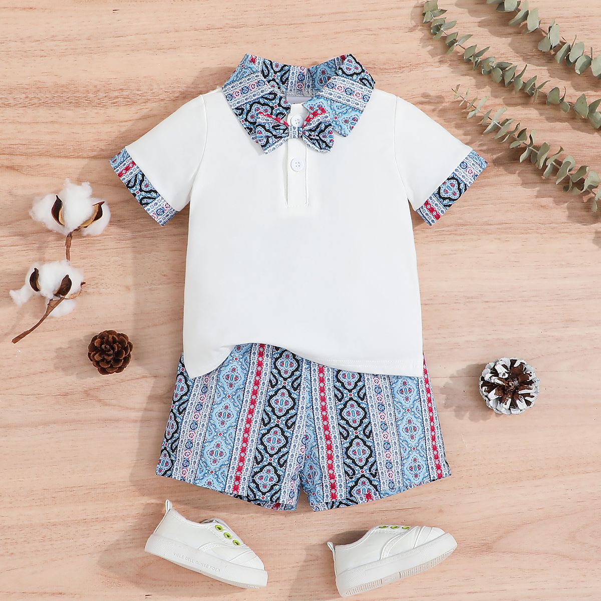 2pcs Baby Boy Front Buttons Ethnic Pattern Lapel Collar Short-sleeve Top And Shorts Set