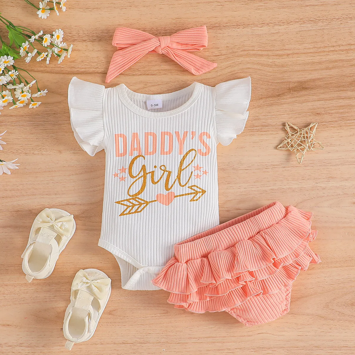 3pcs Baby Girl Flutter-sleeve Letters Print Bodysuit and Ruffled Solid Skirt and Headband Set Pink big image 1