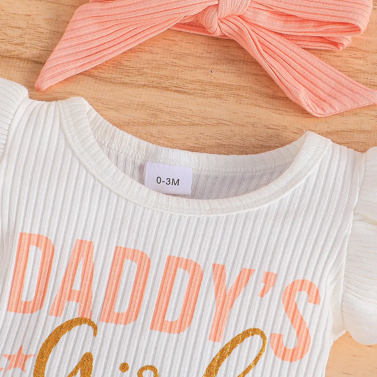 3pcs Baby Girl Flutter-sleeve Letters Print Bodysuit and Ruffled Solid Skirt and Headband Set Pink image 2