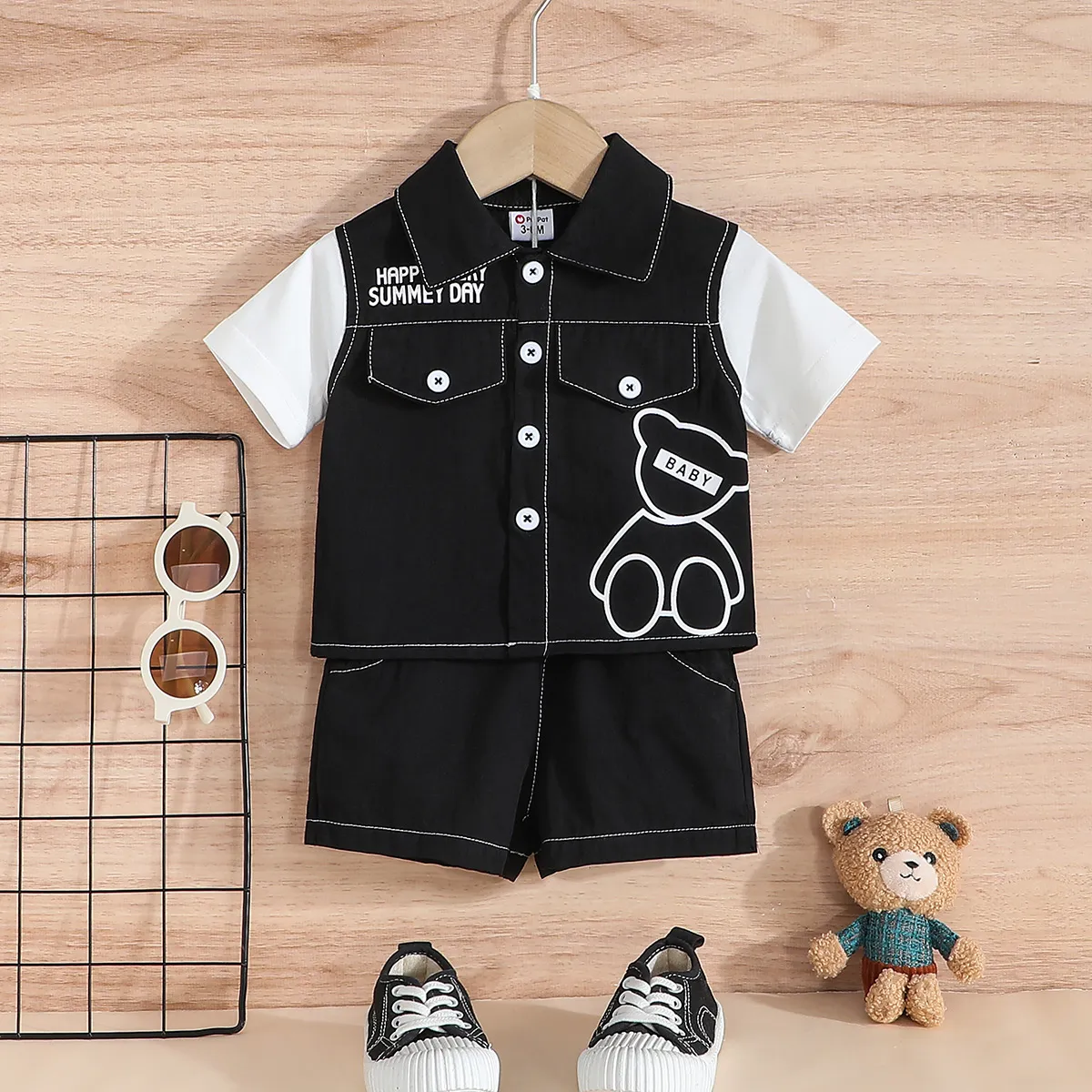 2pcs Baby Boy 100% Cotton Bear Print Short-sleeve 2 In 1 Shirt and Shorts Set