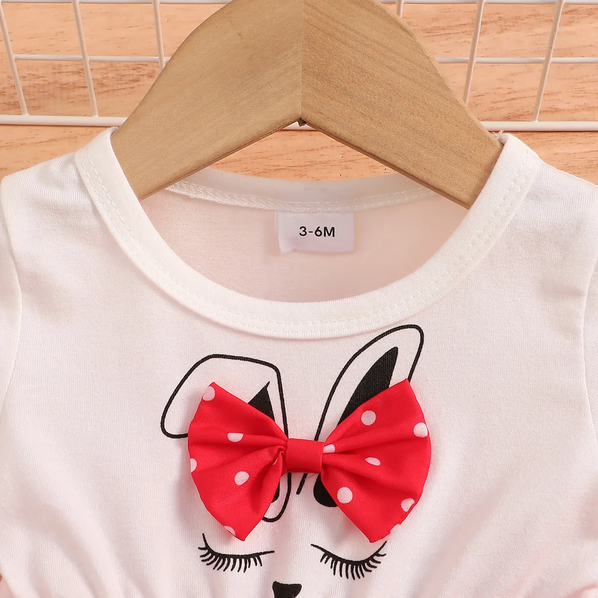 Baby Girl Bow Decor Rabbit Print Polka Dots Ruffle Dress Red image 3