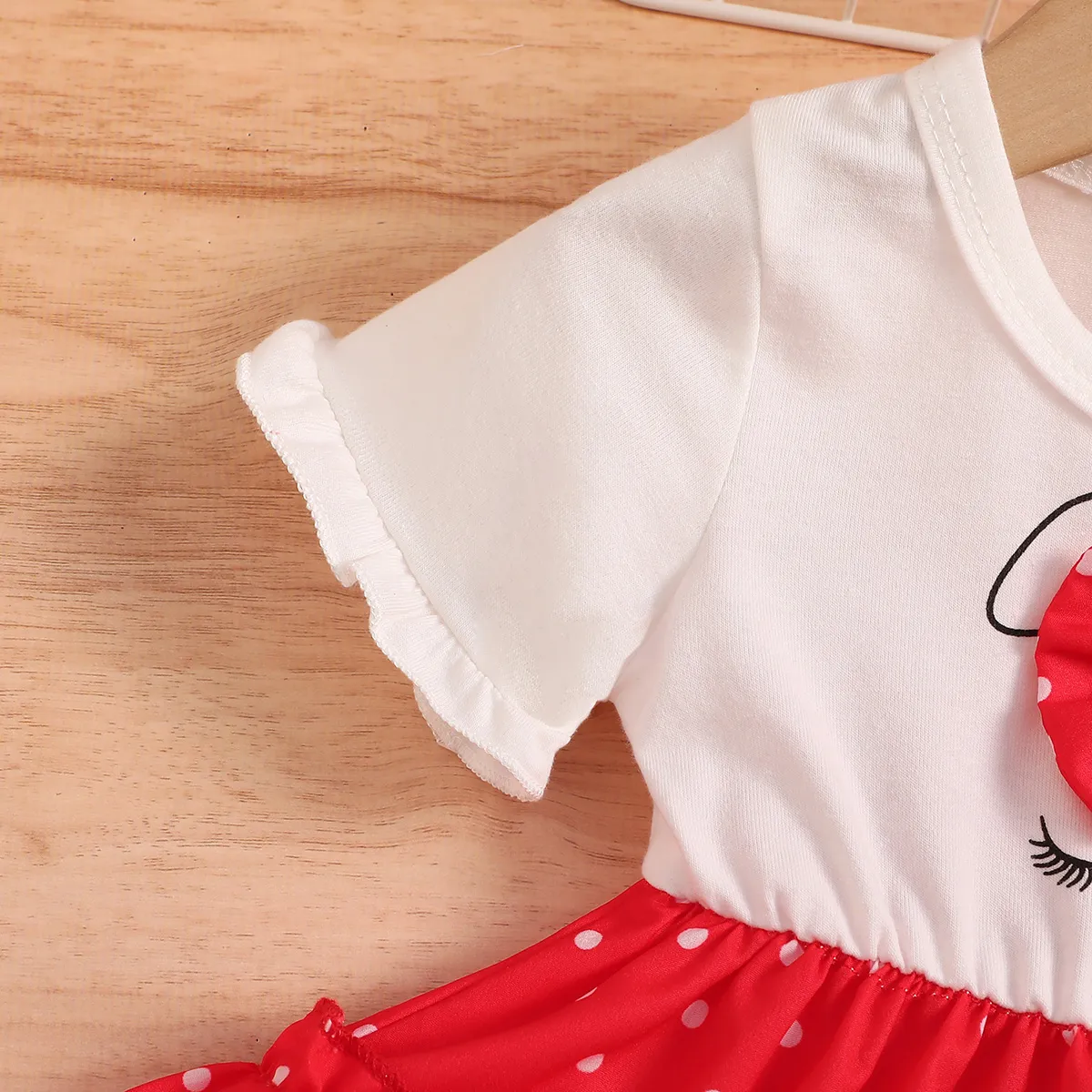 Baby Girl Bow Decor Rabbit Print Polka Dots Ruffle Dress Red image 4