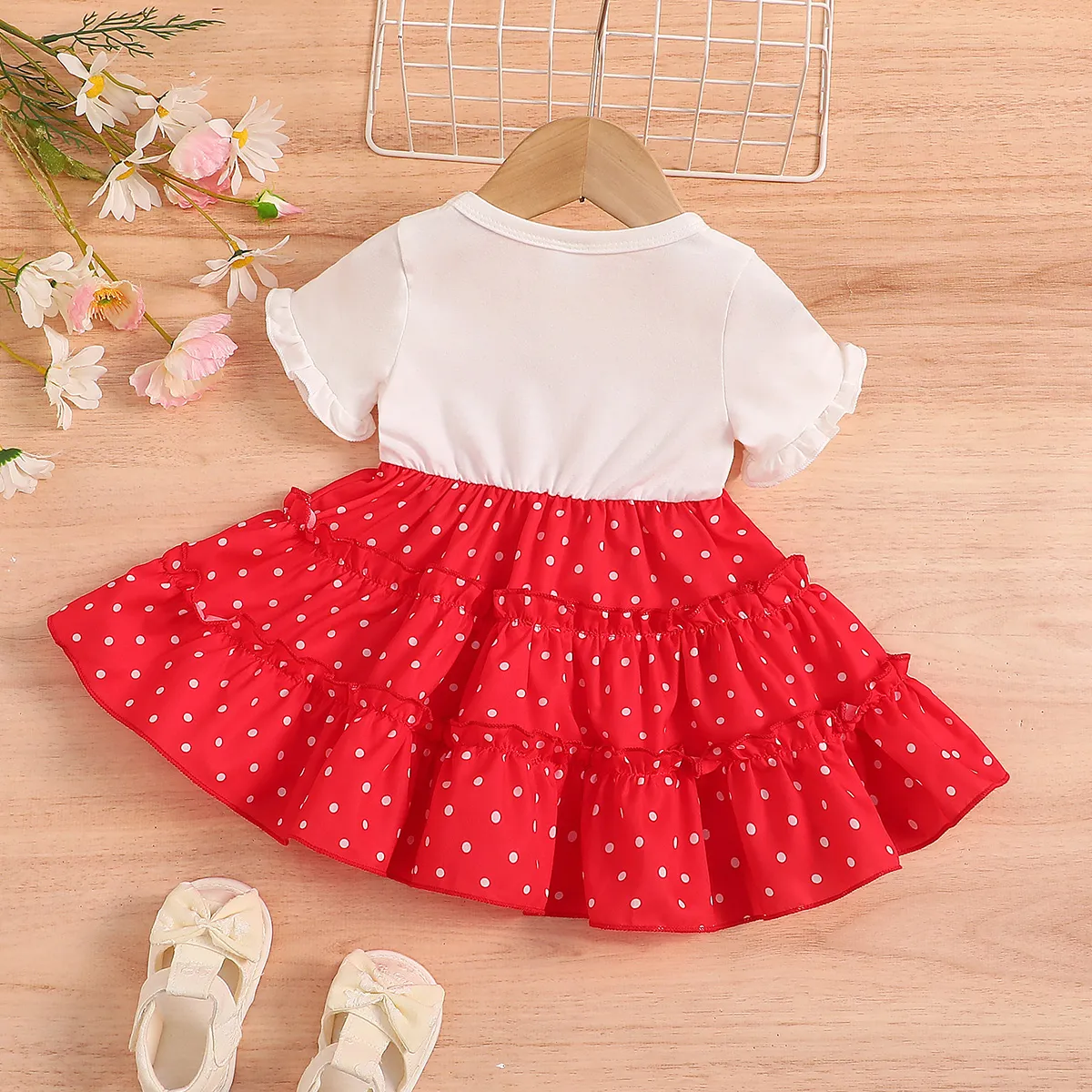 Baby Girl Bow Decor Rabbit Print Polka Dots Ruffle Dress Red image 2