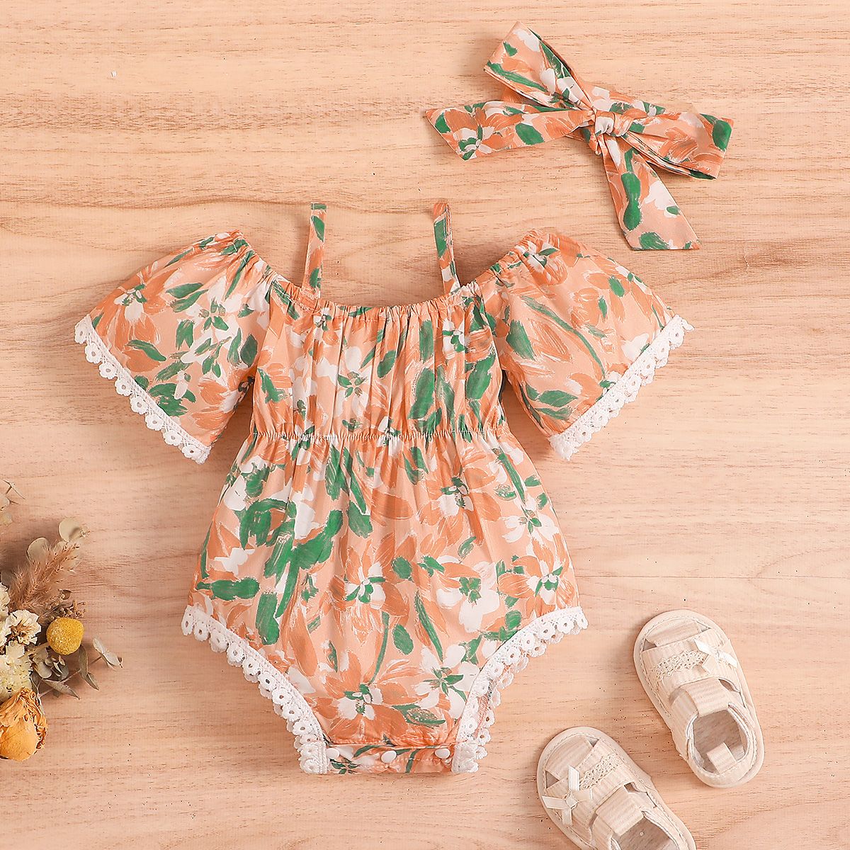 2pcs Baby Girl 100% Cotton Allover Floral Print Lace Short-sleeve Slip Bodysuit and Headband Set