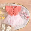 2pcs Baby Girl Bow Front Flutter-sleeve Mesh Panel Rib-knit Bodysuit Dress with Headband   image 1