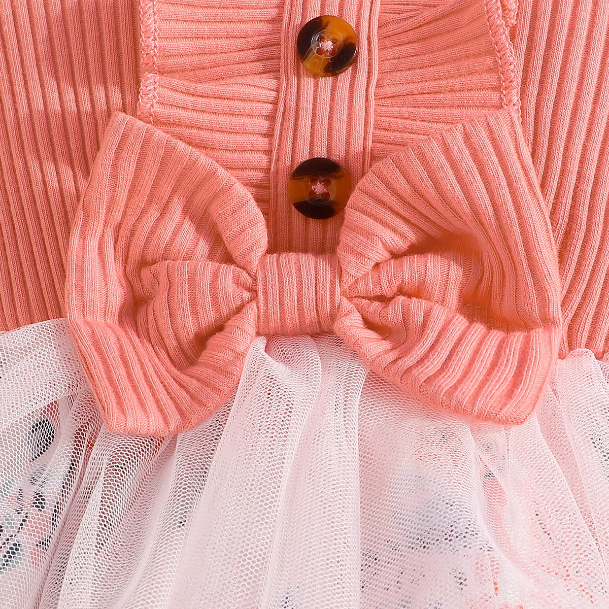 2pcs Baby Girl Bow Front Flutter-sleeve Mesh Panel Rib-knit Bodysuit Dress with Headband   image 5