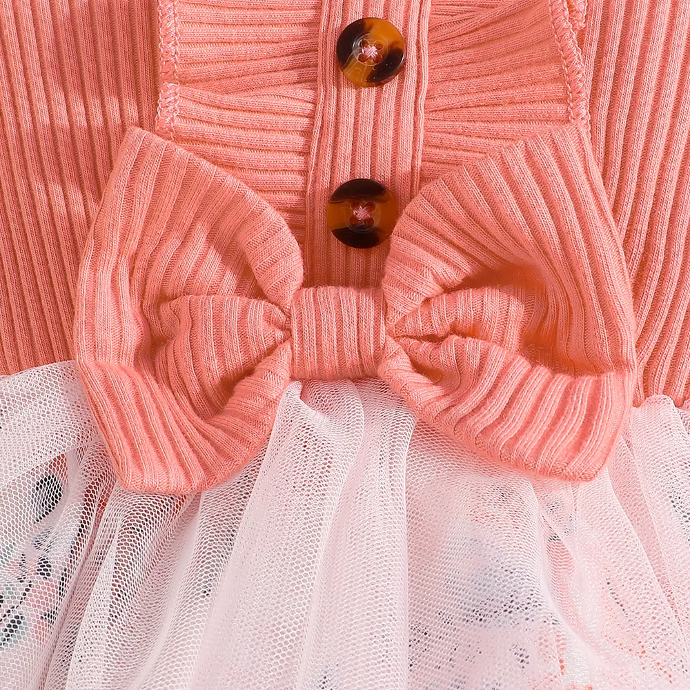 2pcs Baby Girl Bow Front Flutter-sleeve Mesh Panel Rib-knit Bodysuit Dress with Headband   big image 5