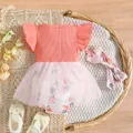 2pcs Baby Girl Bow Front Flutter-sleeve Mesh Panel Rib-knit Bodysuit Dress with Headband   image 2