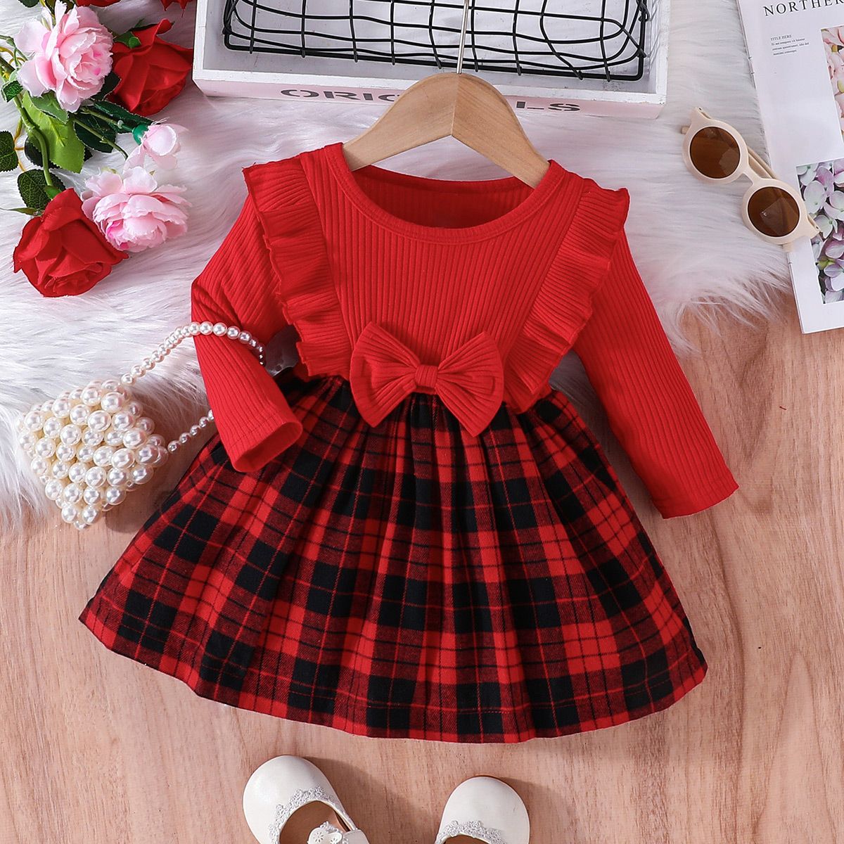 

Baby Girl Ribbed Ruffle Bow Decor Plaid Long-sleeve Dress