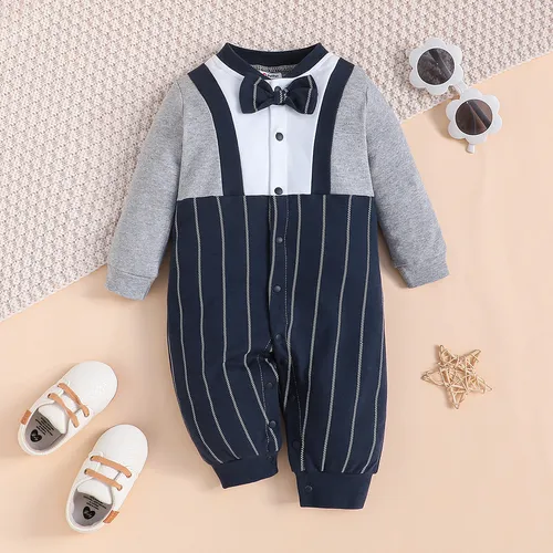 Baby Boy 100% Cotton Stripe Panel Bow Tie Jumpsuit 