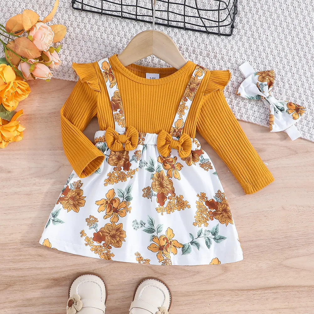 2pcs Baby Girl 95% Cotton Floral Print Ribbed Panel Long-sleeve 2 In 1 Dress with Headband   big image 1
