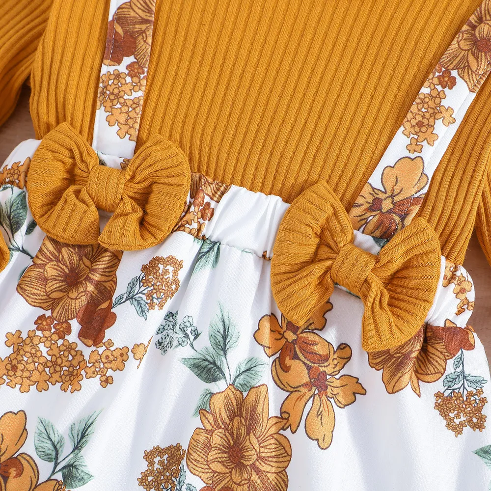 2pcs Baby Girl 95% Cotton Floral Print Ribbed Panel Long-sleeve 2 In 1 Dress with Headband big image 4