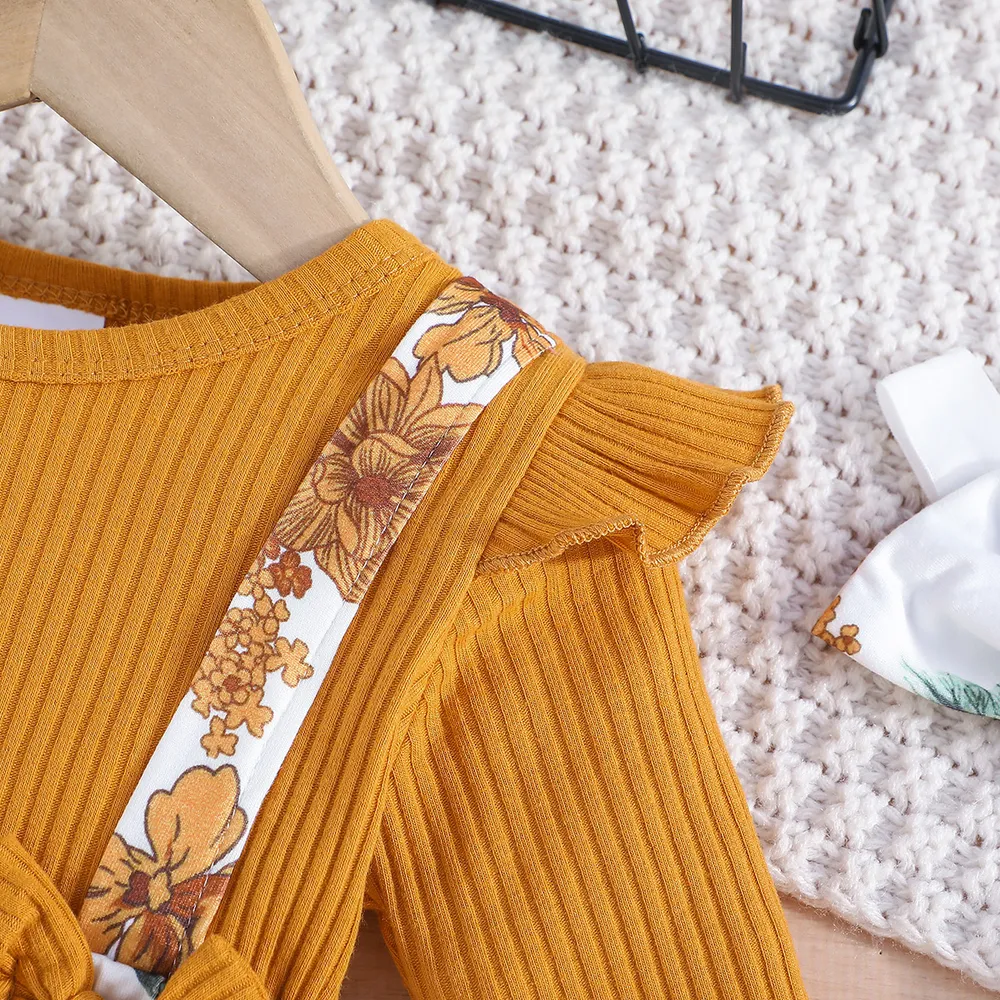 2pcs Baby Girl 95% Cotton Floral Print Ribbed Panel Long-sleeve 2 In 1 Dress with Headband big image 5