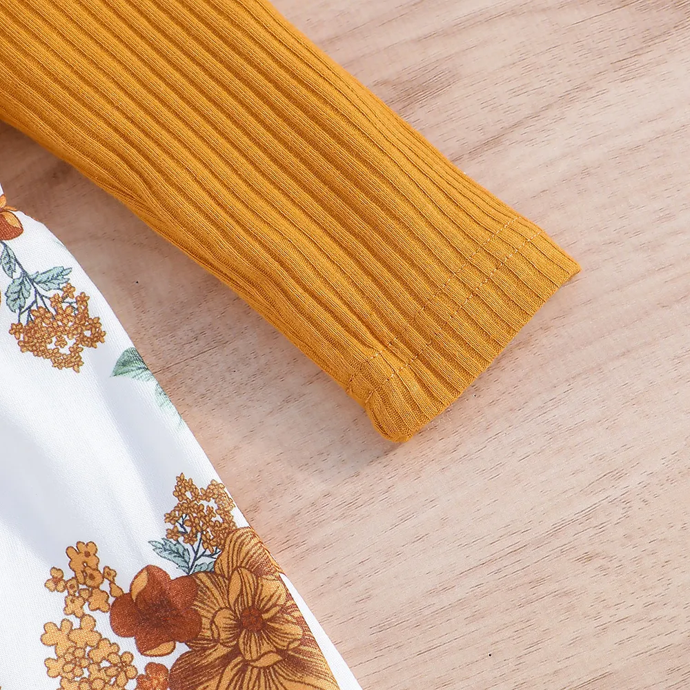2pcs Baby Girl 95% Cotton Floral Print Ribbed Panel Long-sleeve 2 In 1 Dress with Headband big image 7