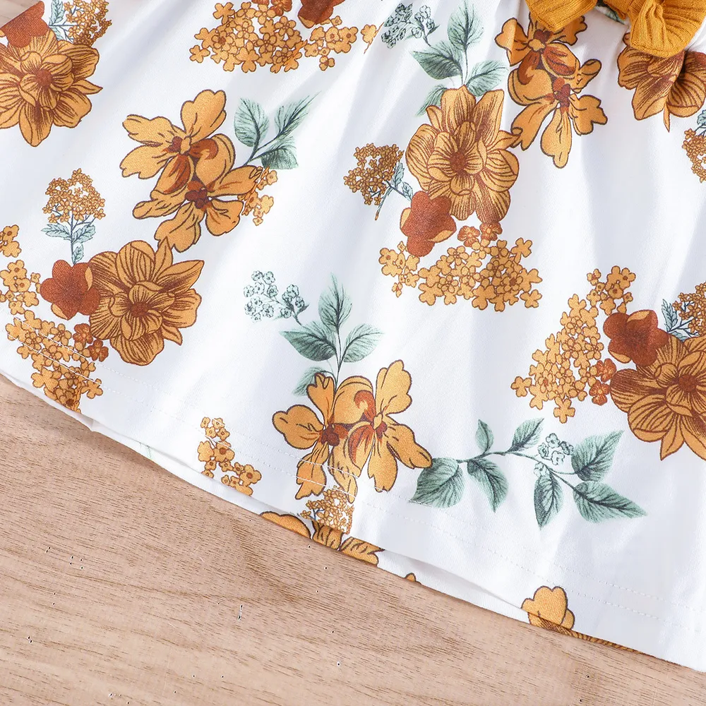 2pcs Baby Girl 95% Cotton Floral Print Ribbed Panel Long-sleeve 2 In 1 Dress with Headband big image 8