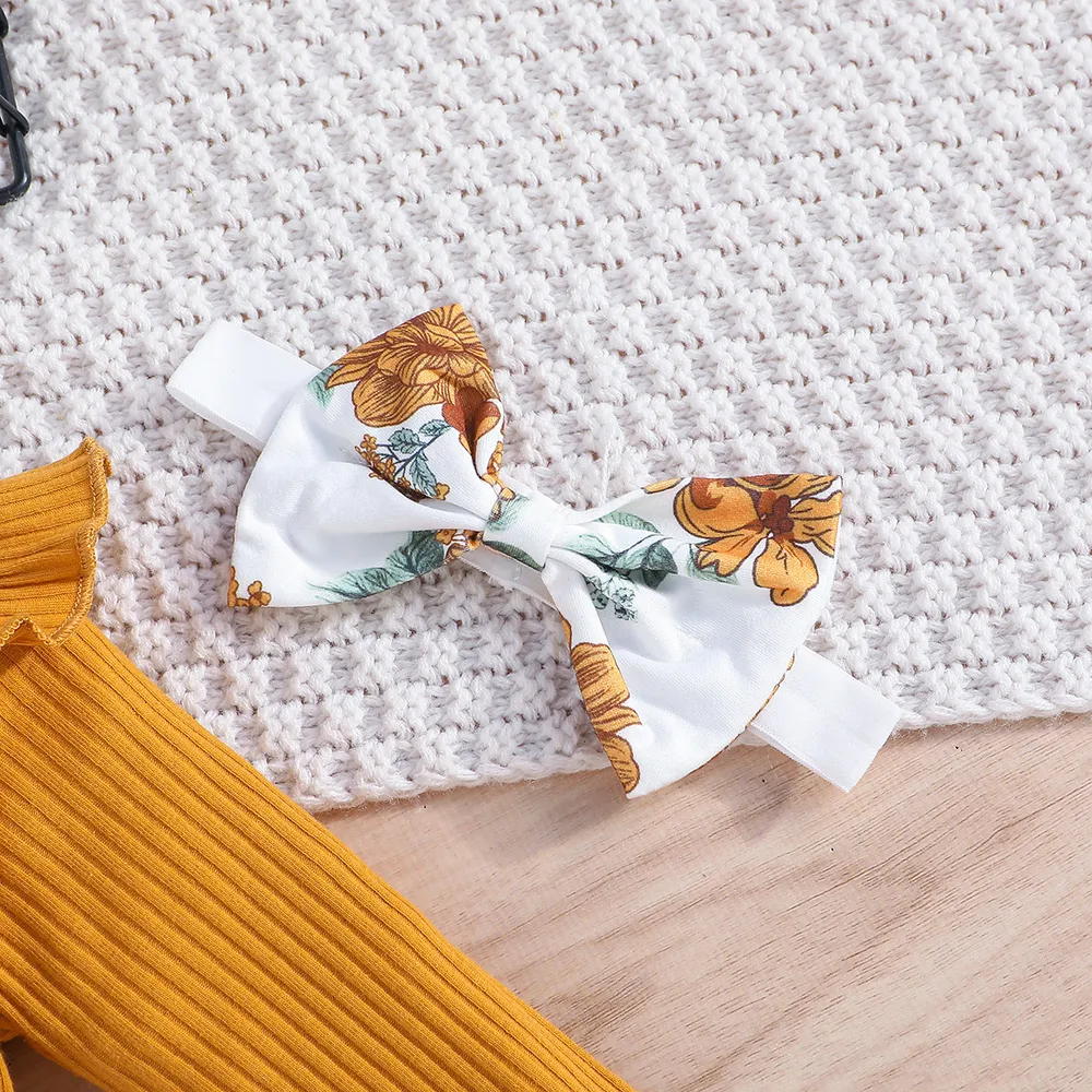 2pcs Baby Girl 95% Cotton Floral Print Ribbed Panel Long-sleeve 2 In 1 Dress with Headband big image 6