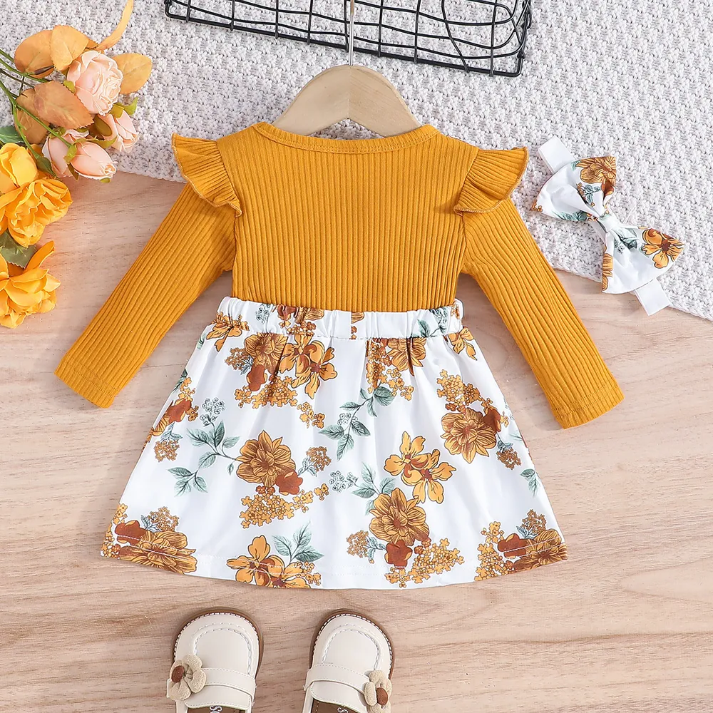 2pcs Baby Girl 95% Cotton Floral Print Ribbed Panel Long-sleeve 2 In 1 Dress with Headband   big image 2