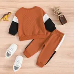 2pcs Baby Girl/Boy Waffle Color Block Top and Pants Set  Brown image 2