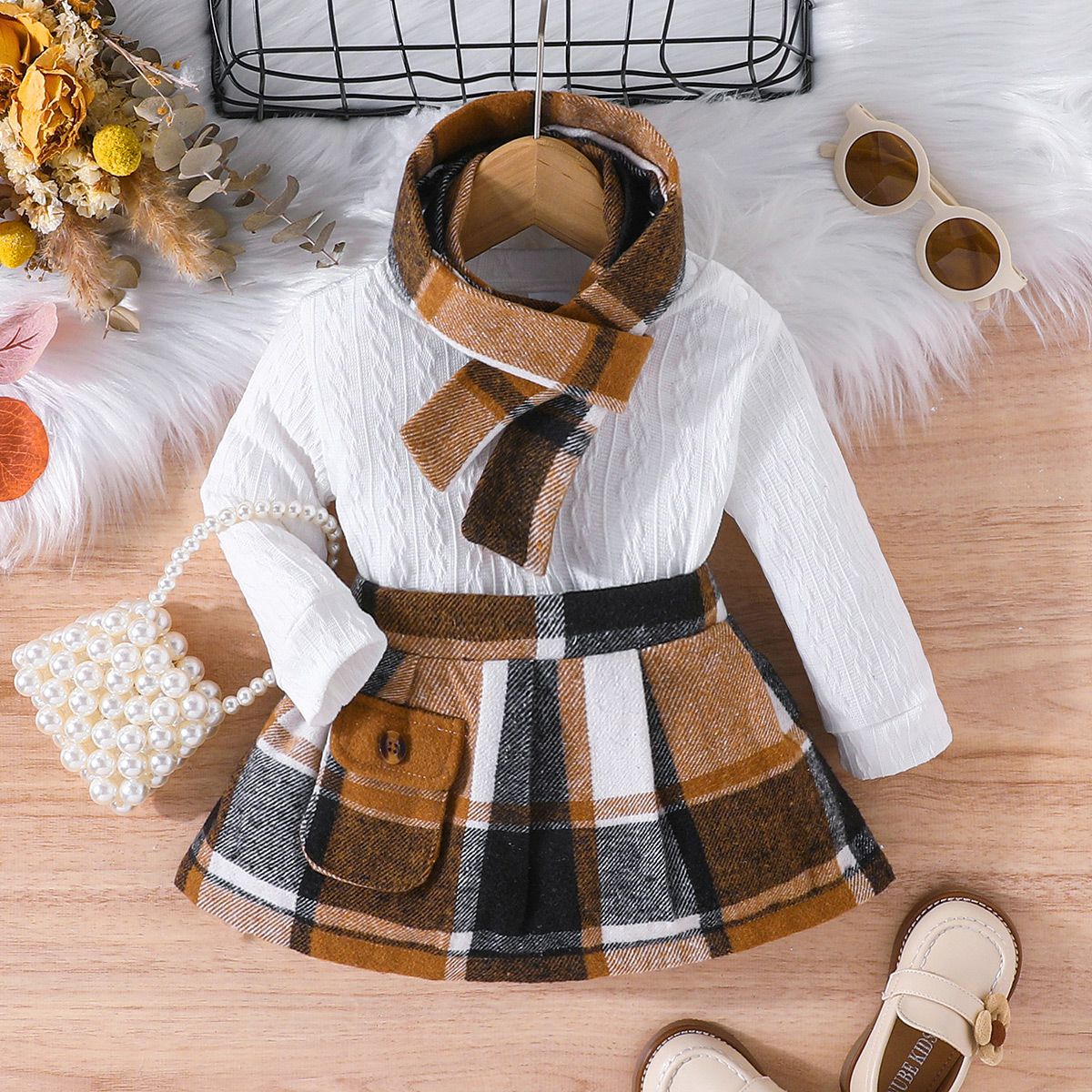 

3pcs Baby Girl Elegant Plaid Print Long Sleeve Dress Set