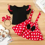 3pcs Baby Girl 95% Cotton Ruffle Short-sleeve Top and Polka Dots Bowknot Suspender Skirt with Headband Set Black/White/Red image 2