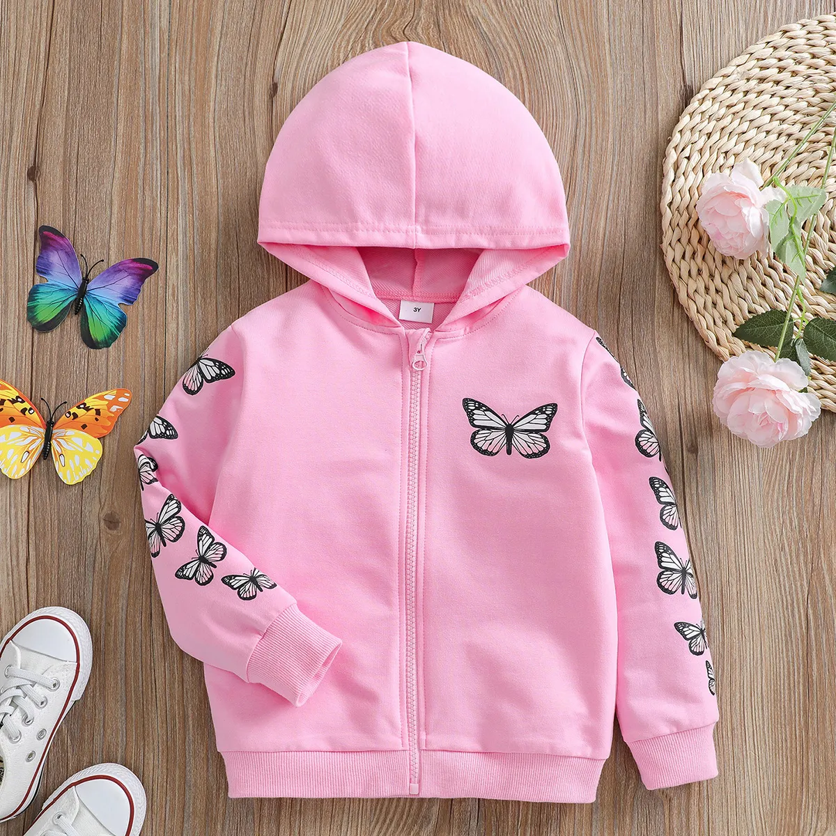 Toddler Girl Butterfly Print Zipper Hoodie Sweatshirt Jacket Pink big image 1