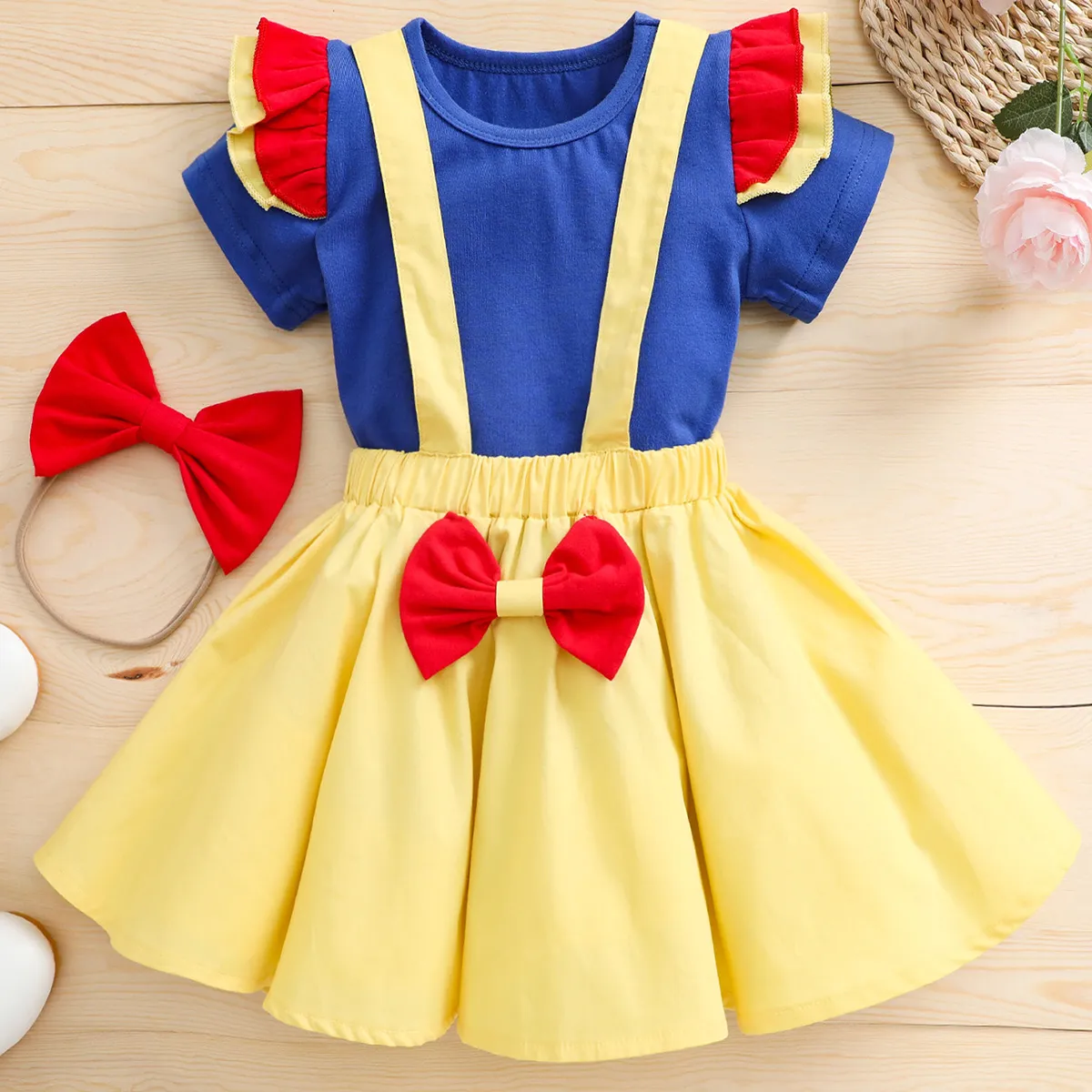 

3pcs Baby Girl 95% Cotton Ruffle Short-sleeve Top and Polka Dots Bowknot Suspender Skirt with Headband Set
