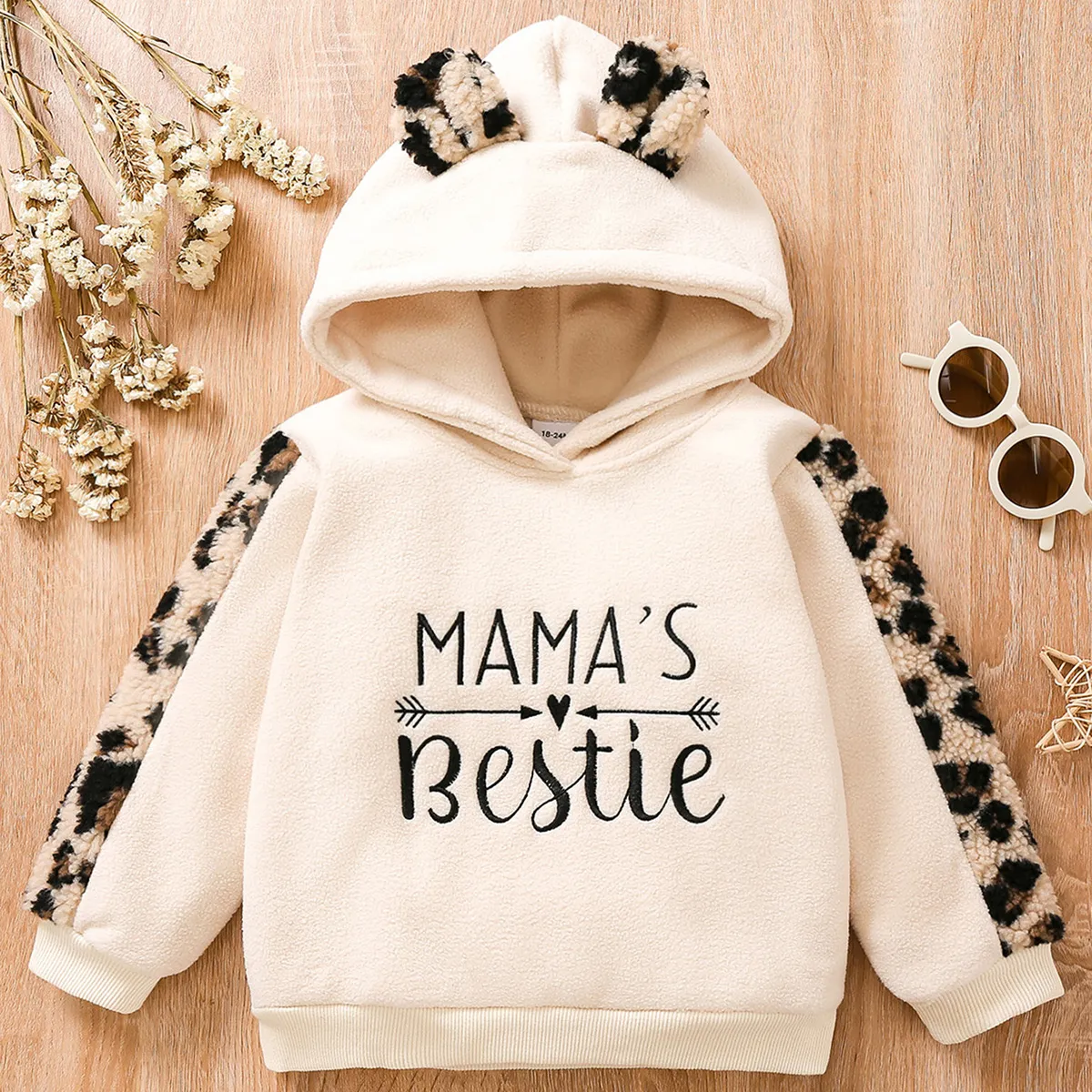 Toddler Girl Letter Embroidered Leopard Ear Design Polar Fleece Fuzzy Hoodie Sweatshirt Beige big image 1